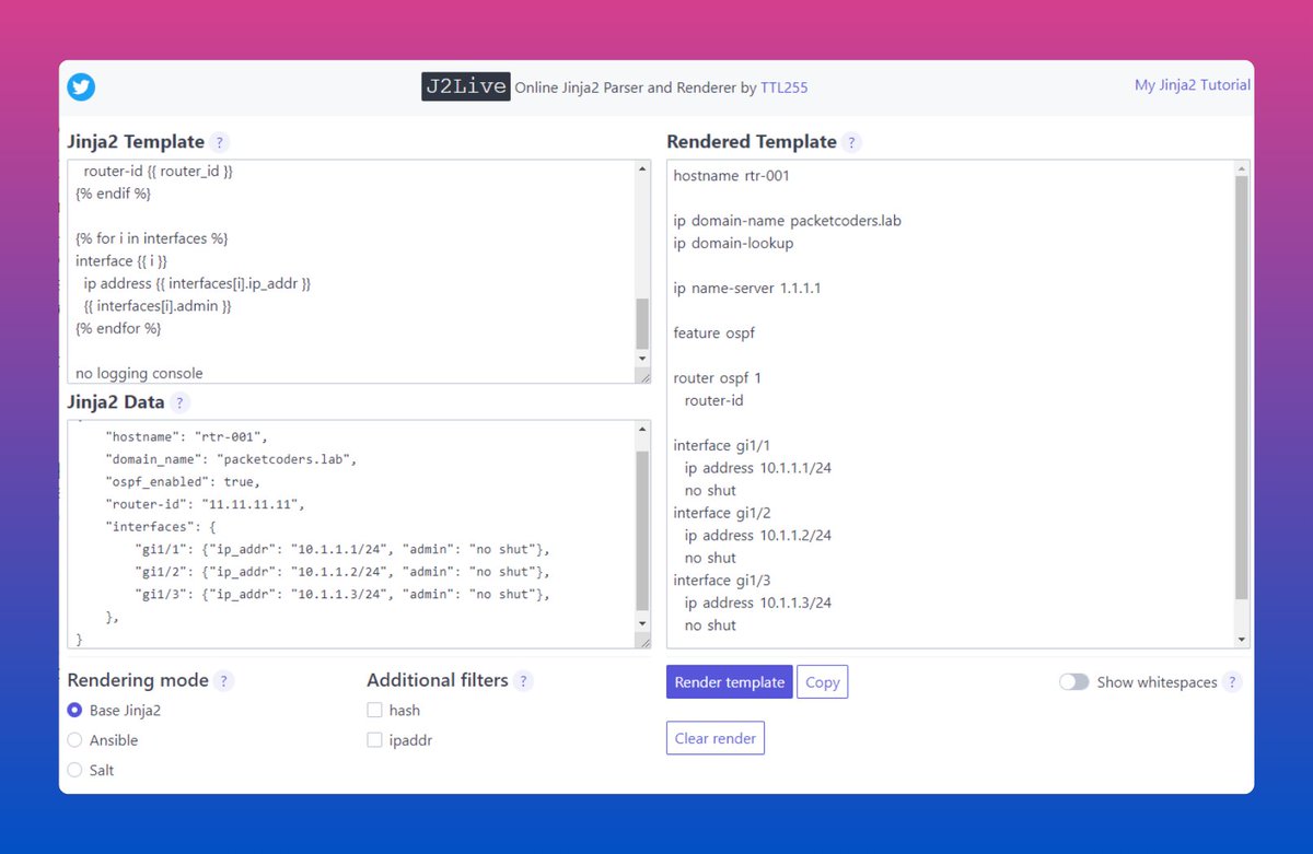 packetcoders's tweet photo. ⚡J2Live - Online Jinja2 parser and renderer by @ttl255 https://t.co/ah5eJ2jbGg #networkautomation #jinja https://t.co/emTObXDycT