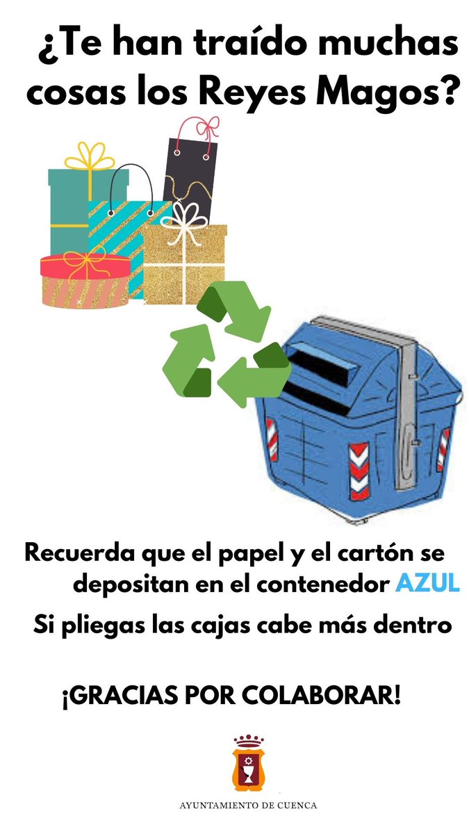 AvisosCuenca's tweet photo. ¡Sigue siendo bueno y recicla ♻️! 

Papel y cartón de todos esos regalos 🎁, al contenedor azul 💙

#CuencaYoTeCuido https://t.co/Is3zCvE3b6