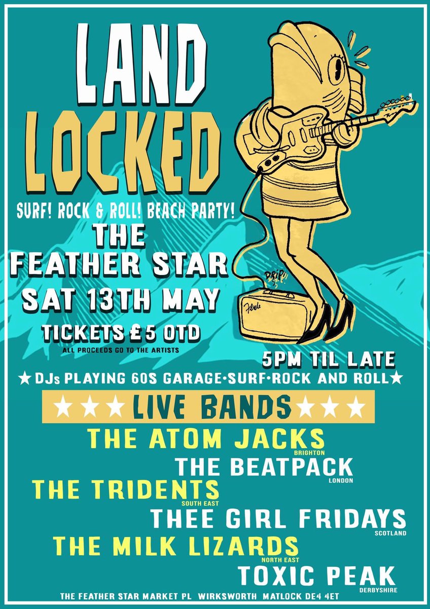 TheeGirlFridays's tweet photo. Surf, rock n roll beach party at @Thefeatherstar with #TheBeatpack #TheAtomicJacks #TheMilkLizards #ToxicPeak and #TheeGirlFridays, plus dj’s. Saturday 13th May. https://t.co/r2ArWHuSkh