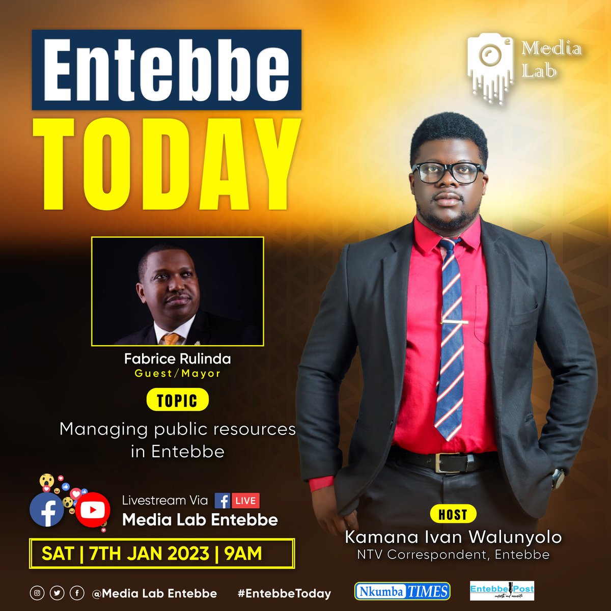 #EntebbeToday: It's the first episode of 2023 and we'll be hosting one of, if not the biggest decision makers to discuss management of public resources in Entebbe.

🤝 The Entebbe Mayor, <a href="/FabriceRulinda/">Fabrice Brad Rulinda</a>.

Tune is this Saturday 9AM via: bit.ly/3vJwMe8
