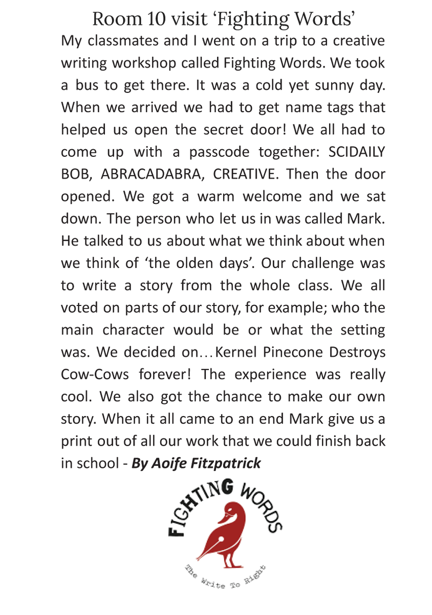 FightingWordsIE's tweet photo. 📰The recent visit by 6th class from @BaysideSns to our Dublin centre was featured in a piece by one of the brilliant authors in the school newsletter! 📰

This story is a new tale created as part of our #100YearsProject.

Read the story on our website: https://t.co/3Ytj2frIKs https://t.co/lhZgi9Ta8w