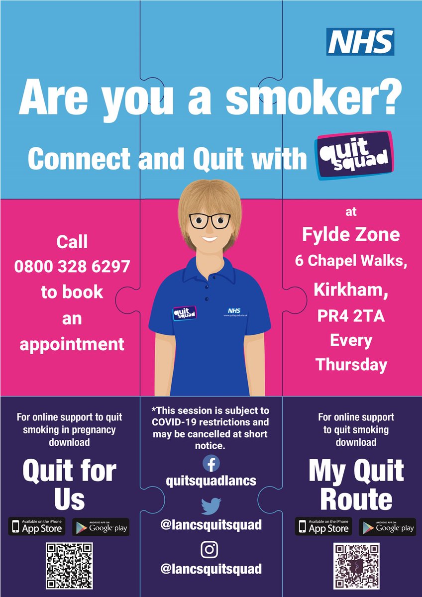 JenQuitSquadNL's tweet photo. Live in the #Kirkham area? We've started a new #stopsmokng clinic at #TheFyldeZone every Thursday! Ring us to get booked in and start your #newyear #smokefree journey ✊✊

@KirkhamPharmac1 @kirkhamdental @Ash_Tree_House https://t.co/nyINxdmjim