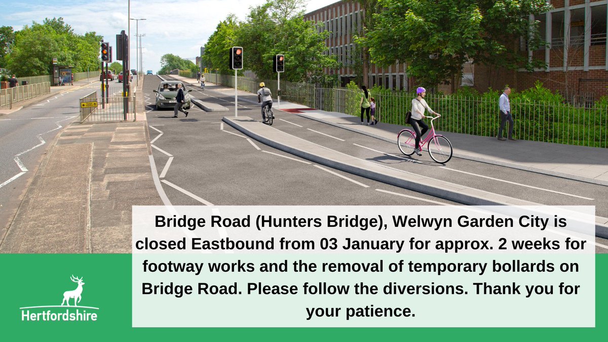 Herts_Highways's tweet photo. #BridgeRoad / #HuntersBridge, #WelwynGardenCity is closed Eastbound from 03 January for approx. 2 weeks for footway works and the removal of temporary bollards on Bridge Road. Please follow the diversions. Thank you for your patience. For more info: https://t.co/IxrJshkLNV https://t.co/KGfKhVHb35