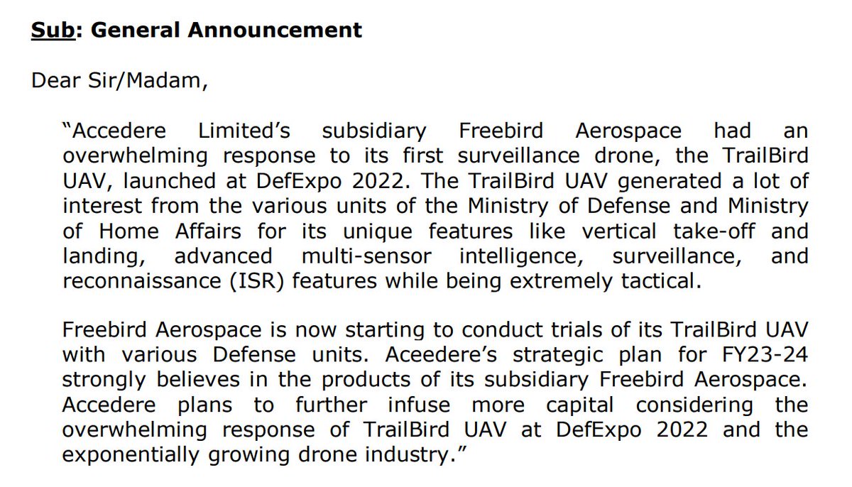 vluxeinvests's tweet photo. #Accedere Ltd’s subsidiary Freebird Aerospace had overwhelming response to its first surveillance #drone, the #TrailBird UAV, launched at DefExpo 2022. TrailBird #UAV generated a lot of interest from various units of Ministry of Defense and Ministry of Home Affairs https://t.co/F2qEzlZ00D