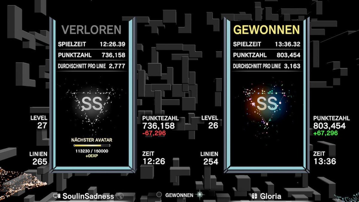 GloriaVsEve's tweet image. Fuuuuck neues PB auf Lvl 1 Start und dann noch 11 Lines weniger als @SiSadness… pure Zerstörung! #TetrisEffectConnected