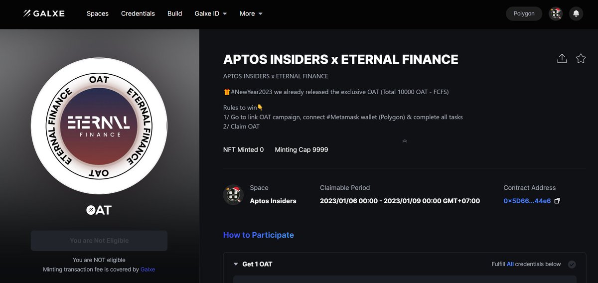APTOS INSIDERS x ETERNAL FINANCE🔔

🎁#NewYear2023 we already released the exclusive OAT (Total 10000 OAT - FCFS)

Rules to win👇
1/ Visit galxe.com/aptosinsiders/…, connect #Metamask wallet (Polygon) &amp; complete all tasks
2/ Claim OAT

Will be some OG roles for members

#Aptos #OAT