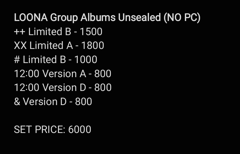 Moonlight_Orbiz's tweet photo. wts lfb loona unsealed album ph

LOONA Group Albums

↳ Unsealed
↳ PAYO
↳ on hand and ready to ship
↳ mop: gcash
↳ mod: LBC, Lalamove
↳ around metro manila only

Reply if you’re interested or dm me https://t.co/moAB2fag21