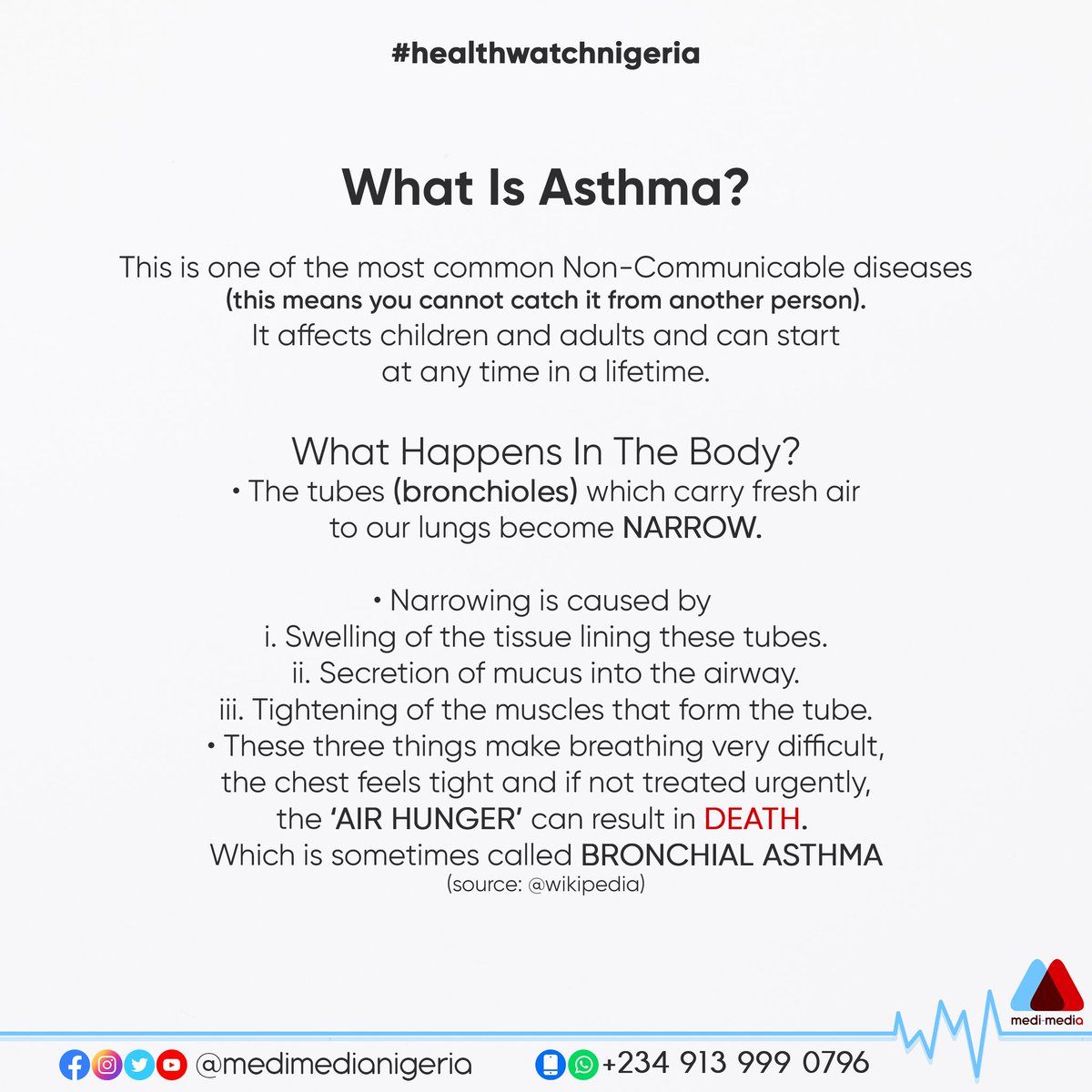 MediMediaNG's tweet photo. Asthma can cause a person's airways become inflamed, narrow, swell and produce extra mucus, which makes it difficult to breathe.
#medimedia #healthforall #doctorsforchange #medicine #healthwatchnigeria #health #doctors #africa #unitedkingdom #happiness #edutainment #meditation https://t.co/Vvj0517Pjz