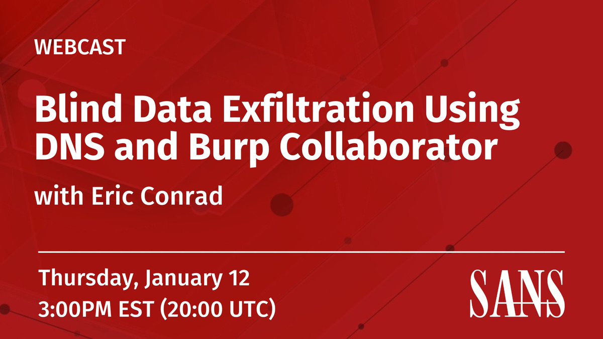 SANSOffensive's tweet photo. Join course author @eric_conrad as he describes methods for blind data exfiltration using #Burp Collaborator, both public and private, plus DNS without Burp.
Content directly from #SEC542!
Register here: https://t.co/rNx4AA9aKT https://t.co/9UPwLLvPZQ