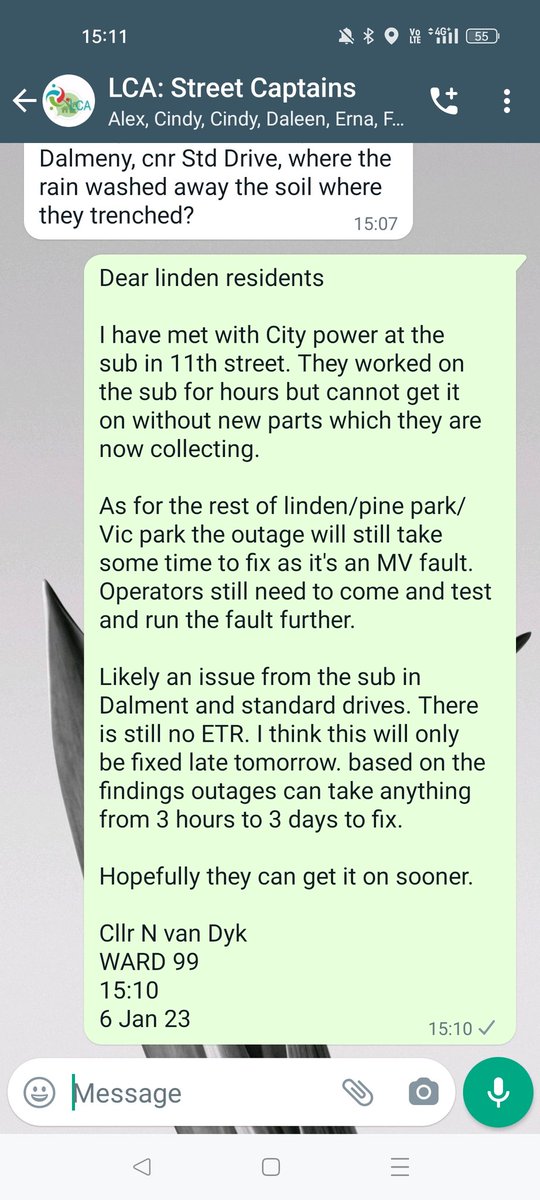 MyLeaderNicole's tweet photo. #Linden update sent to linden street Captains. @CityPowerJhb are working on the 13th street blown sub. https://t.co/Z4nDwYloCE