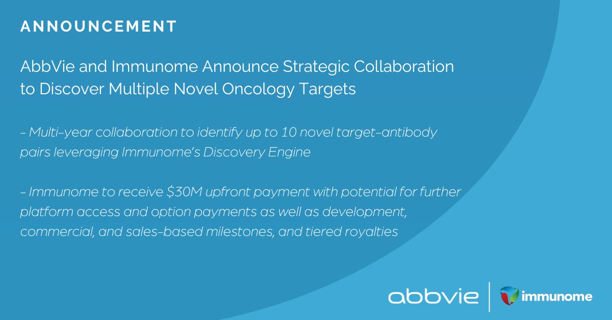We’re excited to announce our multi-year collaboration with <a href="/abbvie/">AbbVie</a>! Our collaboration will utilize our proprietary Discovery Engine to unlock novel #cancer biology &amp; identify up to 10 antibody-target pairs arising from 3 specified tumor types. More here: bit.ly/3WXUMX2