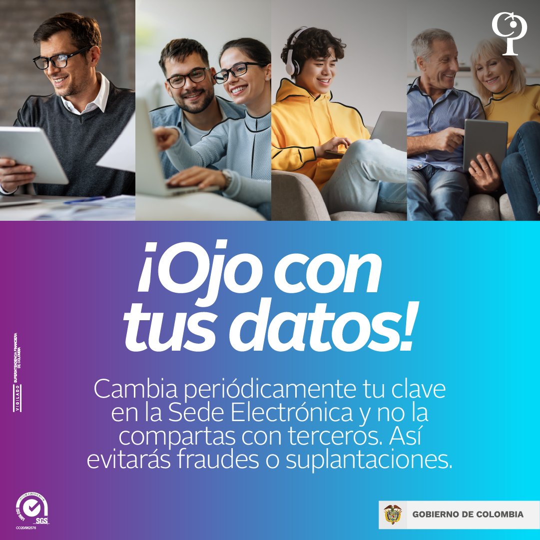 Colpensiones's tweet image. #Importante 📲 Recuerda cambiar periódicamente tu contraseña de acceso a la #SedeElectrónica. No olvides cuidar tus datos y no compartirlos con terceros para así evitar suplantaciones o fraudes. ⚠️