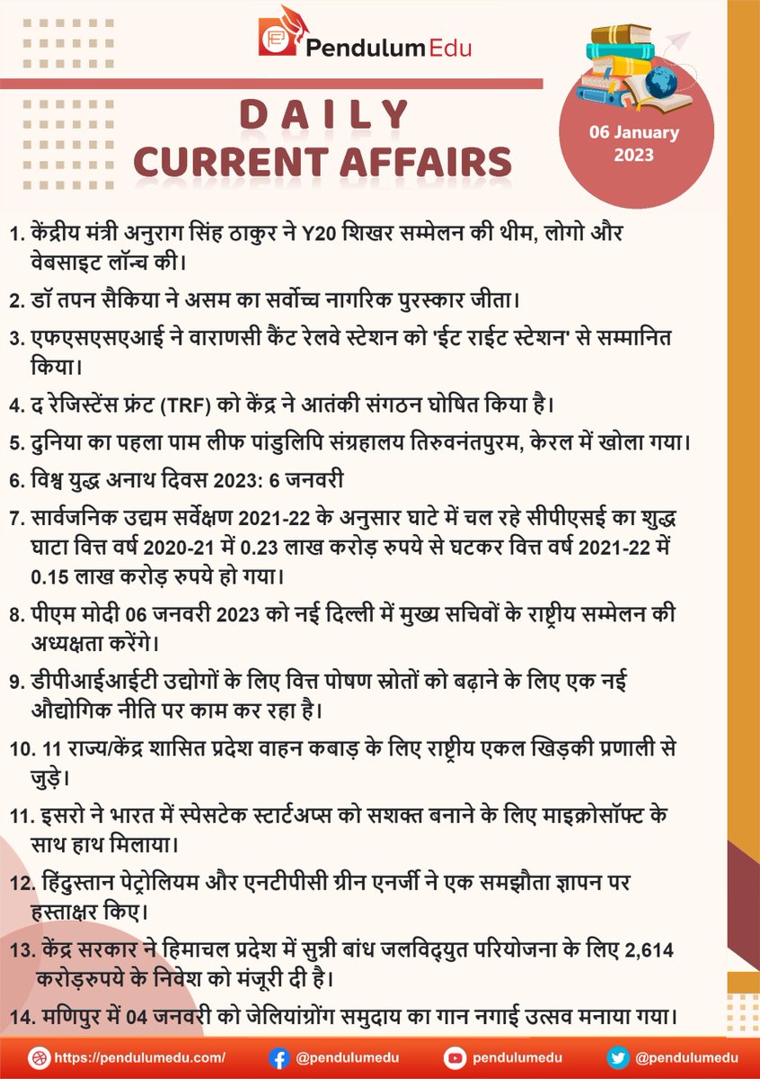 pendulumedu's tweet photo. Current Affairs of 6 January 2023 in Hindi - https://t.co/WX2wdM4ldJ
#currentaffairs #news #latestnews #breakingnews #pendulumedu #ISRO #NationalSingleWindowSystem #DPIIT #financingsource #CPSE #worlddayofwarorphans2023 #palmleafmanuscriptmuseum #theresistantfront #FSSAI https://t.co/94fPPbYdLO