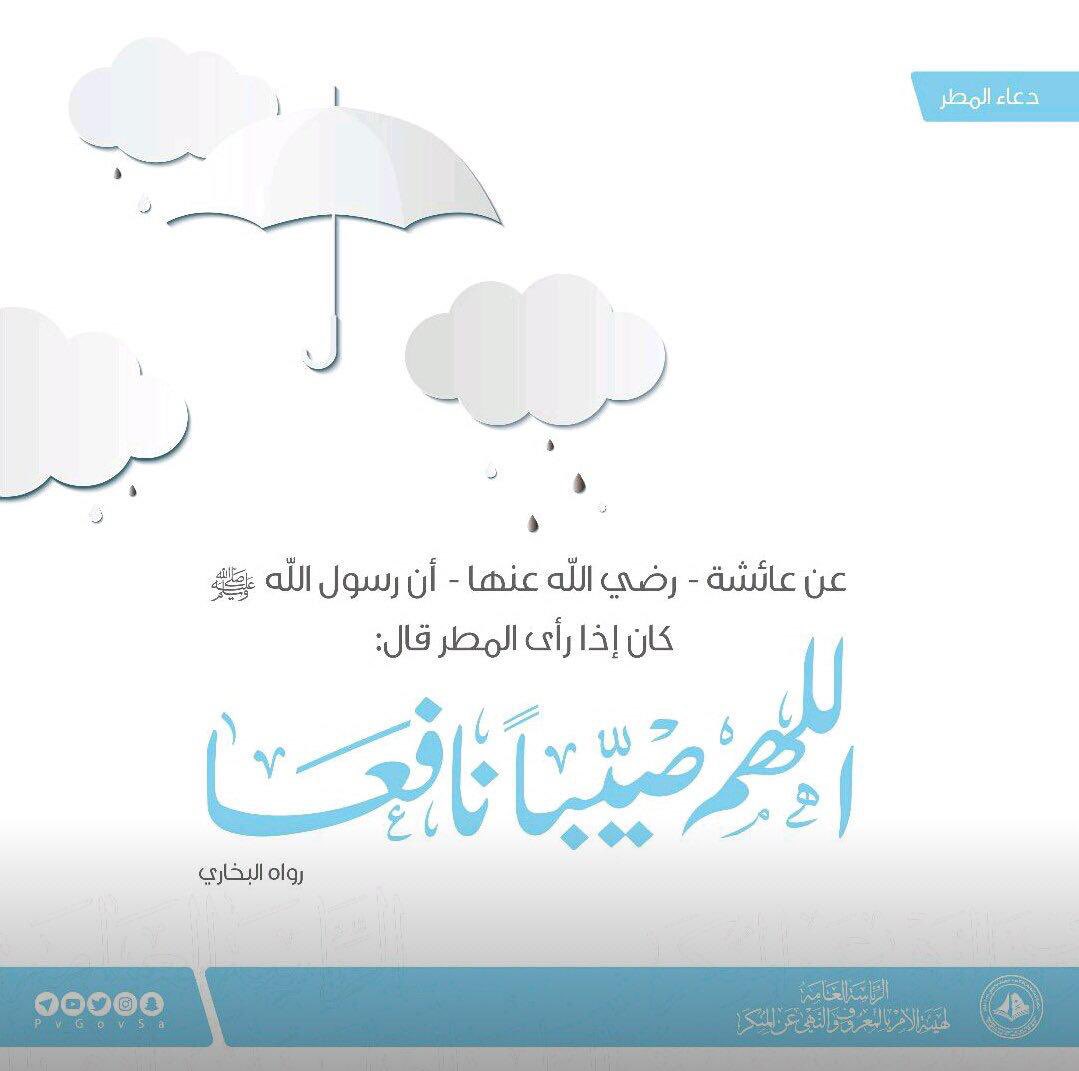 عن عائشة رضي الله عنها أنَّ رَسولَ اللَّهِ صَلَّى اللهُ عليه وسلَّمَ كانَ إذَا رَأَى المَطَرَ، قالَ: (اللَّهُمَّ صَيِّبًا نَافِعًا) رواه البخاري.