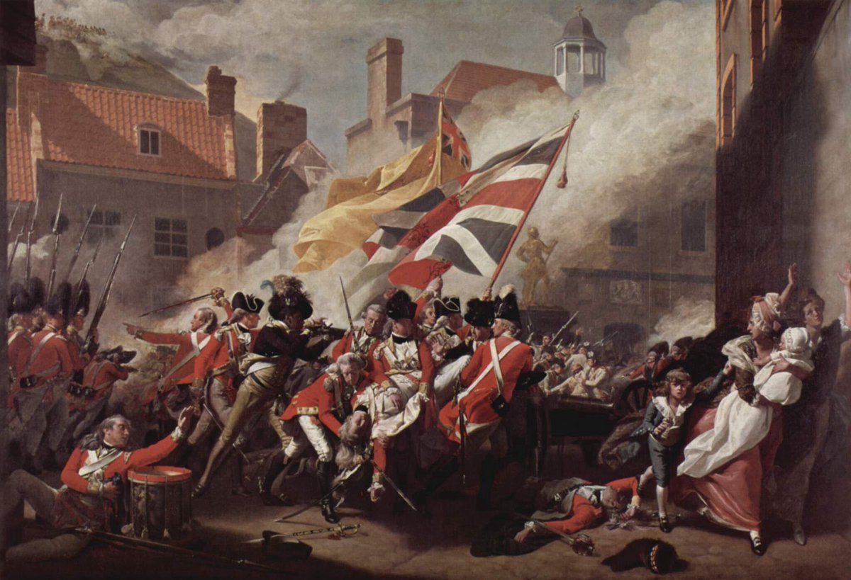 thebattleguide's tweet photo. The Death of Major Peirson, 6 January 1781. Painted in 1783 by loyalist American-born painter John Singleton Copley. Depicts Peirson’s demise in St. Helier during the Battle of Jersey when the French attempted to capture the island. https://t.co/s6lpCC0nNM