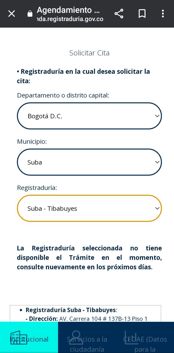 Cortesjeniffer2's tweet photo. @Registraduria   buen día  ya  no se debe solicitar  la  cita  para el tramite de documentos?
Llevo más de una semana  solicitando  y sale que  la registradora no cuenta con ese trámite https://t.co/MpXNtAO1ZA