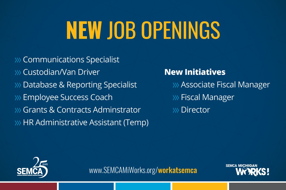 SEMCAMichWorks's tweet photo. SEMCA offers a competitive package to FT employees eligible for benefits on the first day of hire – 12 annual holidays, 30 days accrued PTO and 6% employer match to 403(b) retirement plan. 

APPLY TODAY 👇  
https://t.co/goLbHUrG7w

👉  SEMCA has a hybrid work model. https://t.co/PTjYxsTT6o