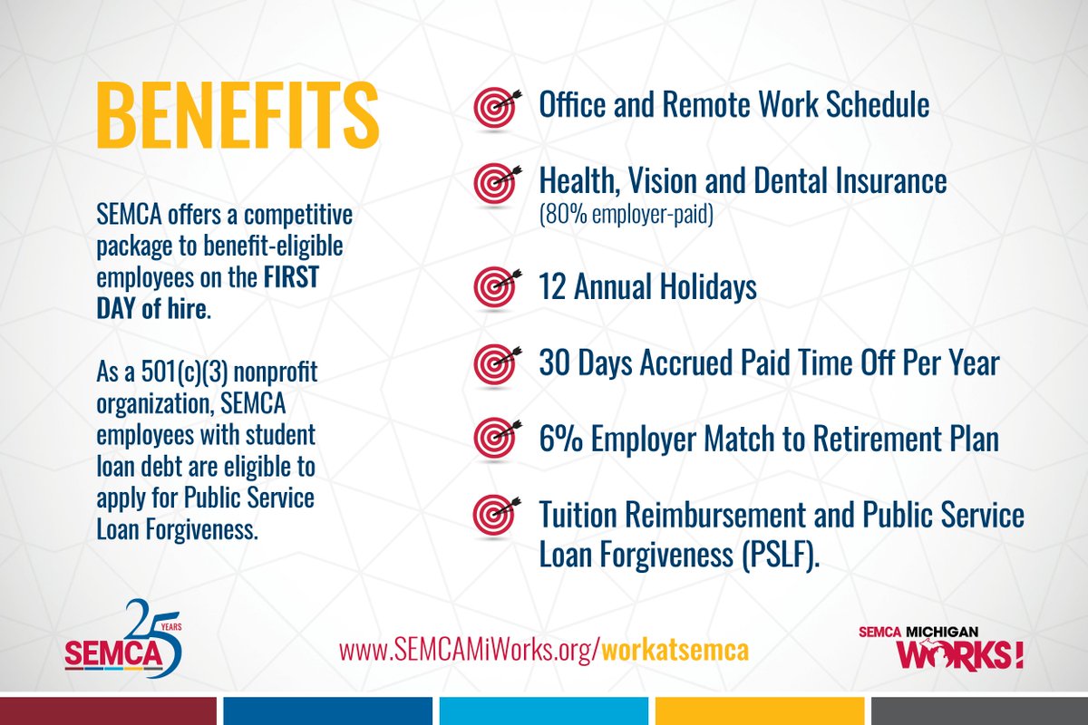 SEMCA offers a competitive package to FT employees eligible for benefits on the first day of hire – 12 annual holidays, 30 days accrued PTO and 6% employer match to 403(b) retirement plan. 

APPLY TODAY 👇  
SEMCA.org/workatsemca

👉  SEMCA has a hybrid work model.