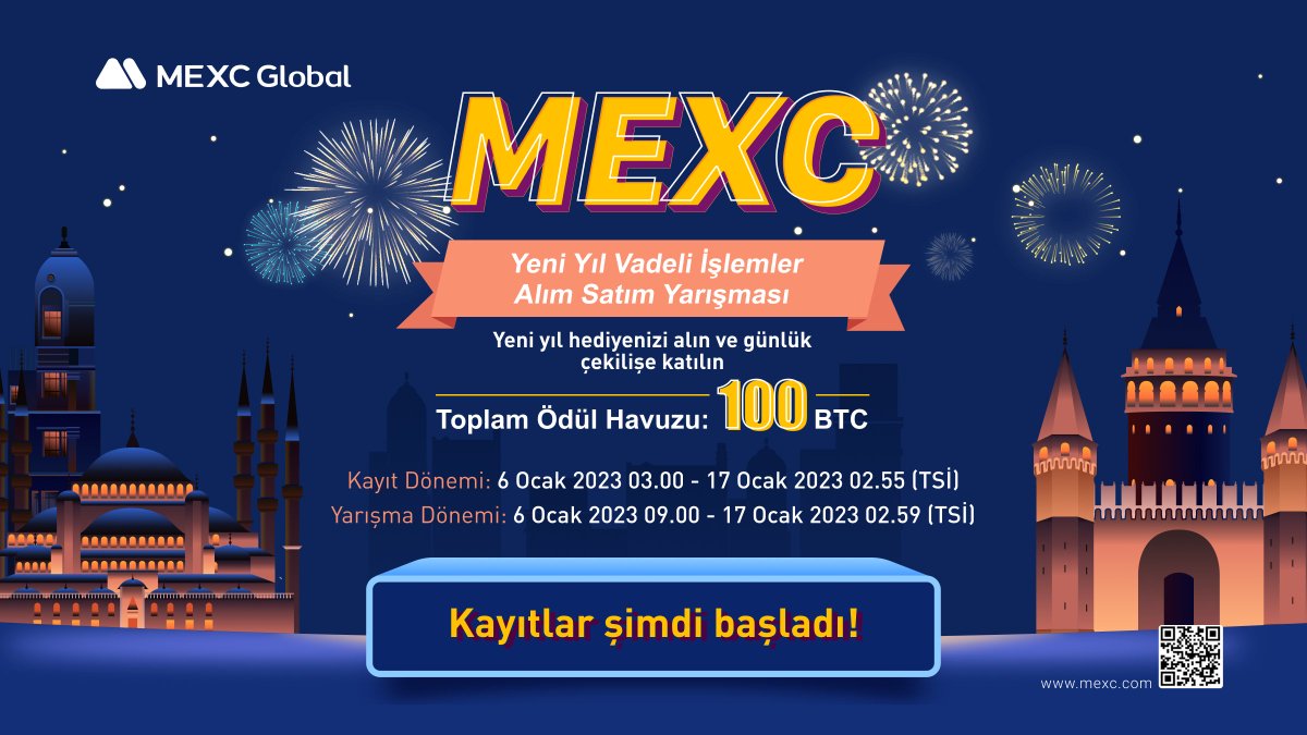 MEXC_Topluluk's tweet photo. 🔥 100 #BTC  Ödüllü #MEXC Yeni Yıl Vadeli İşlemler Alım Satım Yarışması Başladı!

🏆 Etkinliğe Özel Çekilişte 100 Şanslı Kişiye 500 $USDT Hediye!

📌 Ayrıntılar ve Katılım: https://t.co/KzY09YZ9yQ

🔷 Takip Et: @MEXC_TR 
🔷 Beğen
🔷 Alıntıla 5 kişi etiketle https://t.co/5R602KUERU