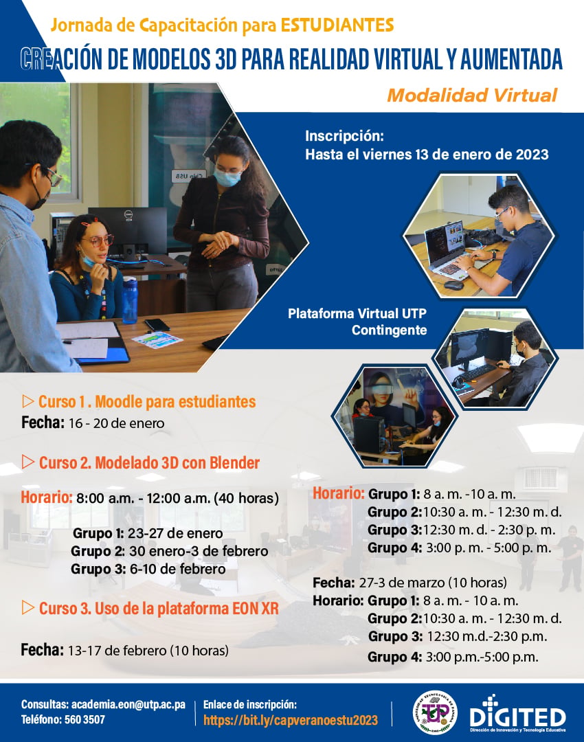 utpfisc's tweet photo. Jornada de Capacitación para Estudiantes: Creación de modelos 3D para realidad Virtual y Aumentada.
❤️ Dale me gusta,
🗣 comparte,
💾 y guarda esta publicación.
Síguenos @utppanama 👈
Síguenos @utpfisc 💯
#utp #utp23 #utppanamá #fisc #fisc23 #utpfisc #VeranoFisc23 https://t.co/CtraixWxza