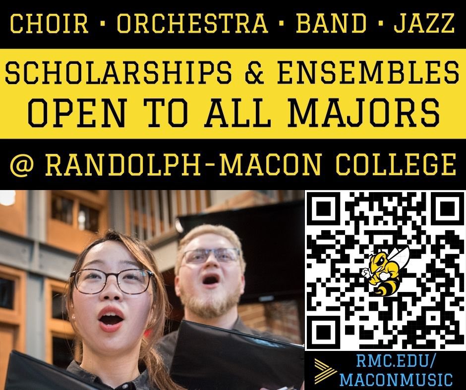 Macon Music Scholarship Audition Days are coming up on January 22 &amp; February 25 at <a href="/RandolphMacon/">randolphmacon</a> - don’t miss out!
Sign up for your audition at
rmc.edu/maconmusic
Virtual audition option also available - visit the site for more information.