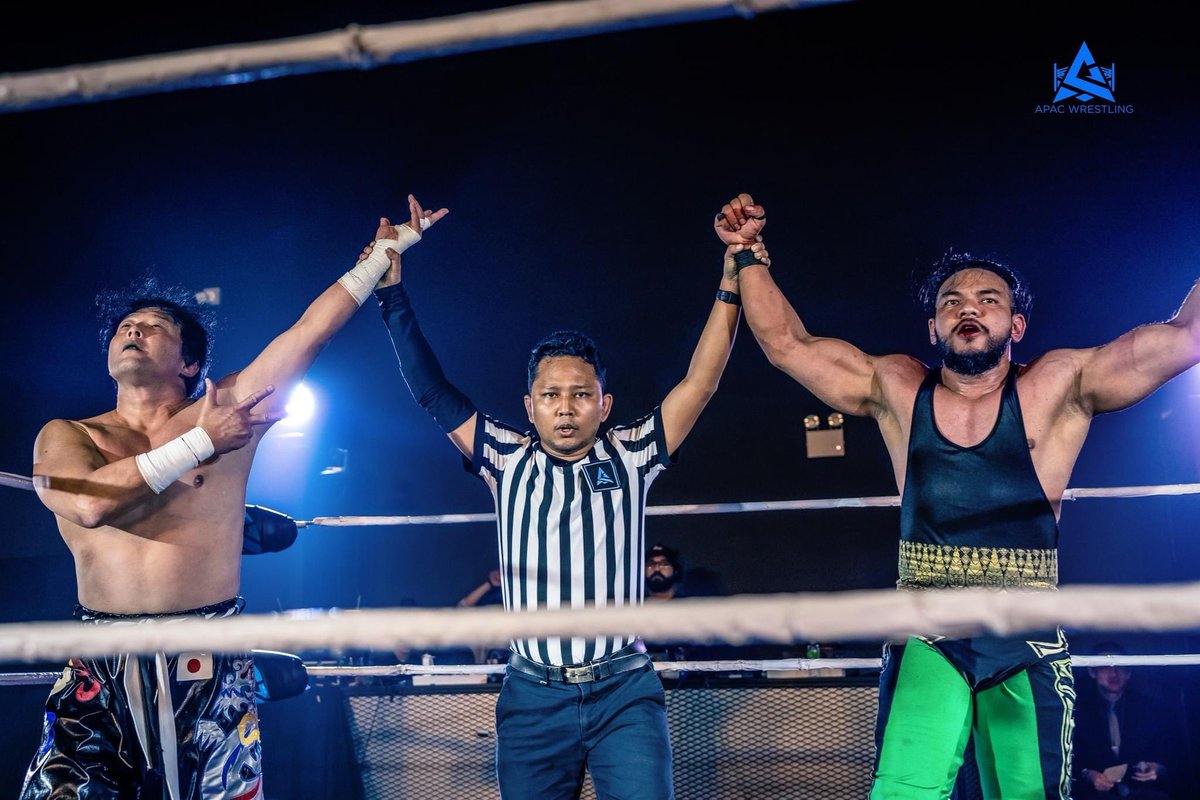 APACWrestling's tweet photo. APAC Wrestling RISE Day 2: @TajiriBuzzsaw and @TheShaukat VS @Double_K_ProRes and @gothampw 

A returning Gotham teams up with Double K to take on the team of Tajiri and Shaukat who had just endured a tough battle the night before, they still earned the victory. https://t.co/DR4ZrJmX1c