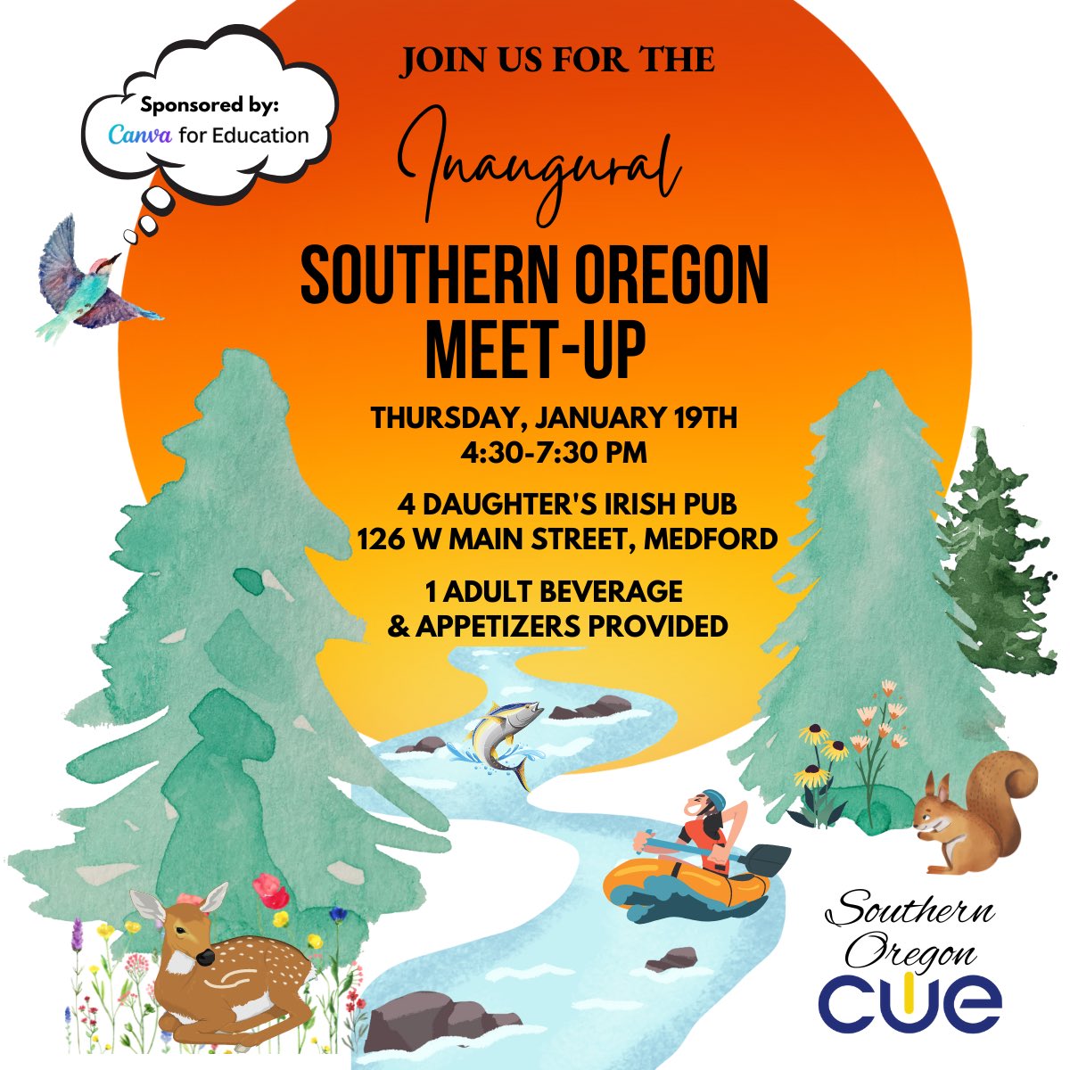 tishrich's tweet photo. Super excited for our very 1st @CUEinc #SOCUE event sponsored by @canva for education!

We will have appetizers, drinks, stickers and awesome @canva give-aways! It's going to be a super fun night of connecting in SO Oregon! Hope to see you there!

Contact @tishrich for more info! https://t.co/ip8exF1l2D