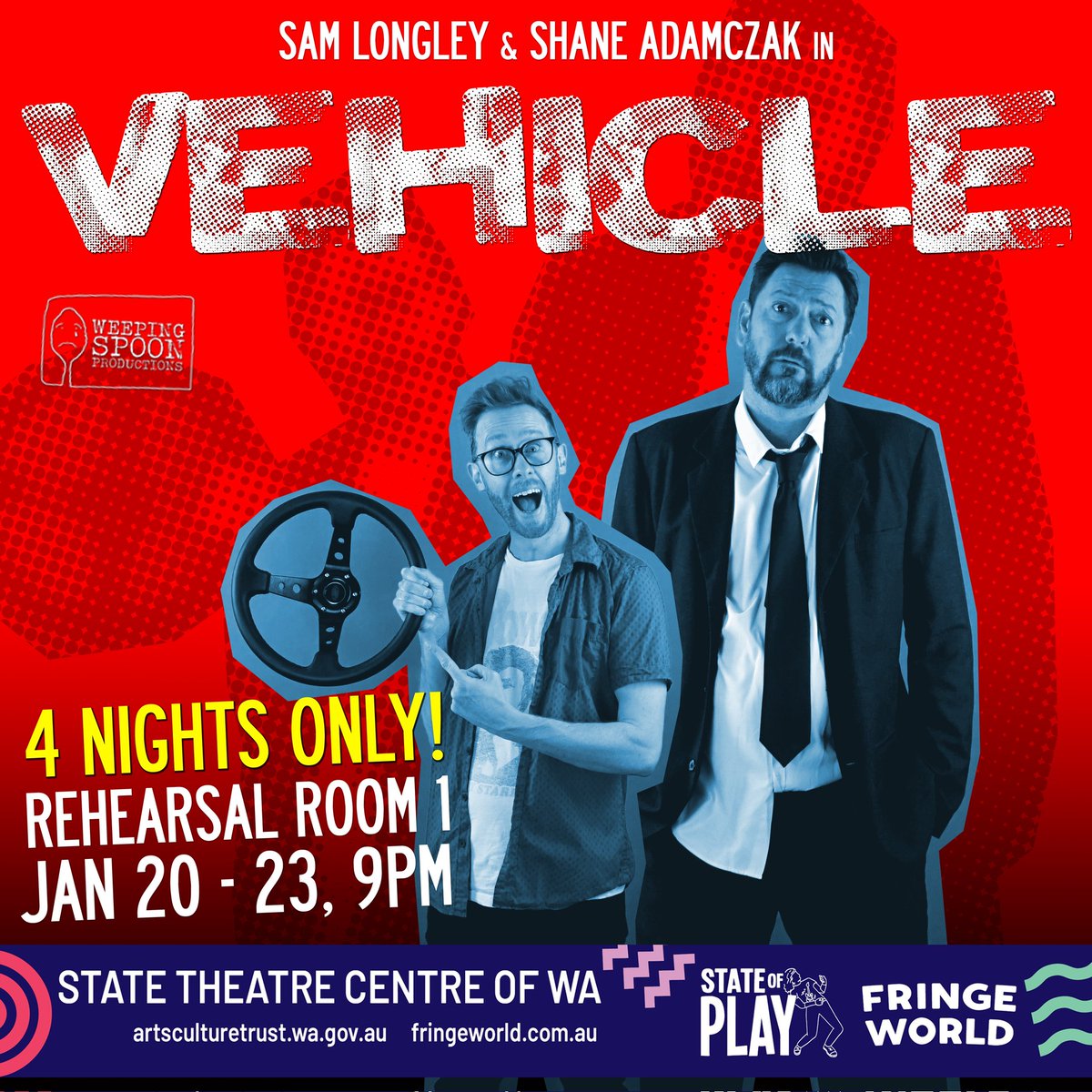 #Vehicle, an all-new comedy from the creators of BEANSTALK and THE BALLAD OF FRANK ALLEN. World debut at <a href="/STC_of_WA/">State Theatre Centre</a> Jan 20-23 as part of @fringe_world. #StateOfPlayPerth #FringeWorld 

TIX/MORE INFO: fringeworld.com.au/whats_on/vehic…