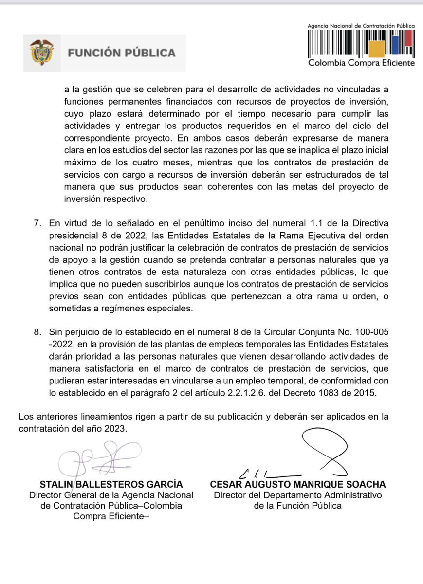 fbernate's tweet photo. #ATENCION Abogados. La circular 01 de 2023 de Función Pública y Colombia Compra Eficiente que establece la prohibición de tener varios contratos con el Estado NO aplica a los abogados externos de entidades. 

La restricción es clara para el apoyo a la gestión. https://t.co/sfEs4uU2Yq