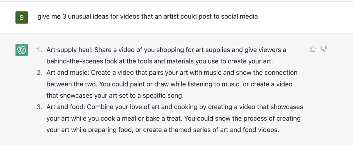 itmightjustwork's tweet image. #chatgpt3 Give me 3 unusual ideas for videos that an #artist could post to social media

Great suggestions actually😲