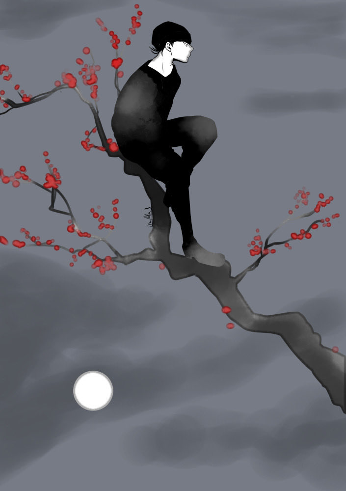 solo branch 1boy in tree moon male focus sitting  illustration images