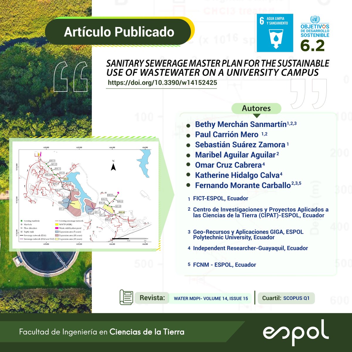 FictESPOL's tweet photo. Compartimos el artículo publicado por @Bethy_Merchan, Paúl Carrión y Sebastián Suárez junto a investigadores de @CipatEspol, Geo-Recursos y Aplicaciones ESPOL (Giga) y @FCNM_Espol 
📝"Sanitary Sewerage Master Plan for the Sustainable Use of Wastewater on a University Campus" https://t.co/0M1Ux23kgi