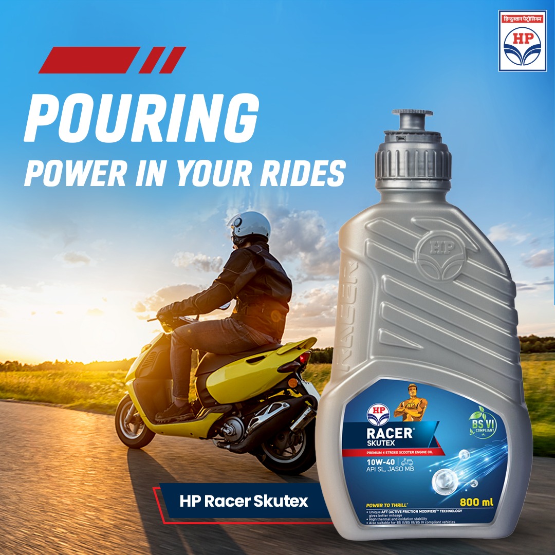 HPCL's tweet photo. HP Racer Skutex, a lubricant that makes modern 2-wheelers more powerful. Ensure high engine durability, fuel efficiency & low CO2 emissions. Experience drives that feel like a cruise. #HPRacer #HPCL https://t.co/154YNgQiUK