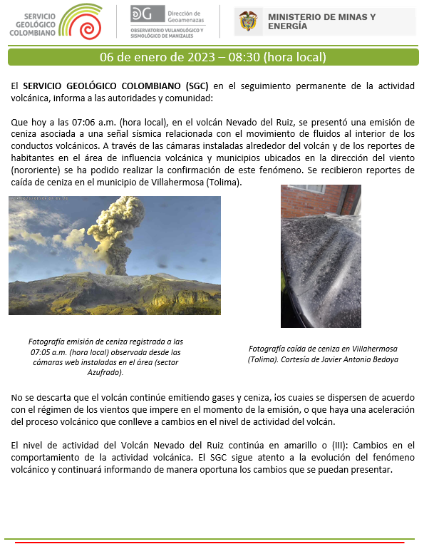 sgcol's tweet photo. El SERVICIO GEOLÓGICO COLOMBIANO informa:
Que hoy a las 07:06 a.m.  en el volcán Nevado del Ruiz, se presentó una emisión de ceniza asociada a una señal sísmica relacionada con el movimiento de fluidos al interior de los conductos volcánicos. 

https://t.co/XwY3adHSBp https://t.co/Zf614V5Ut6