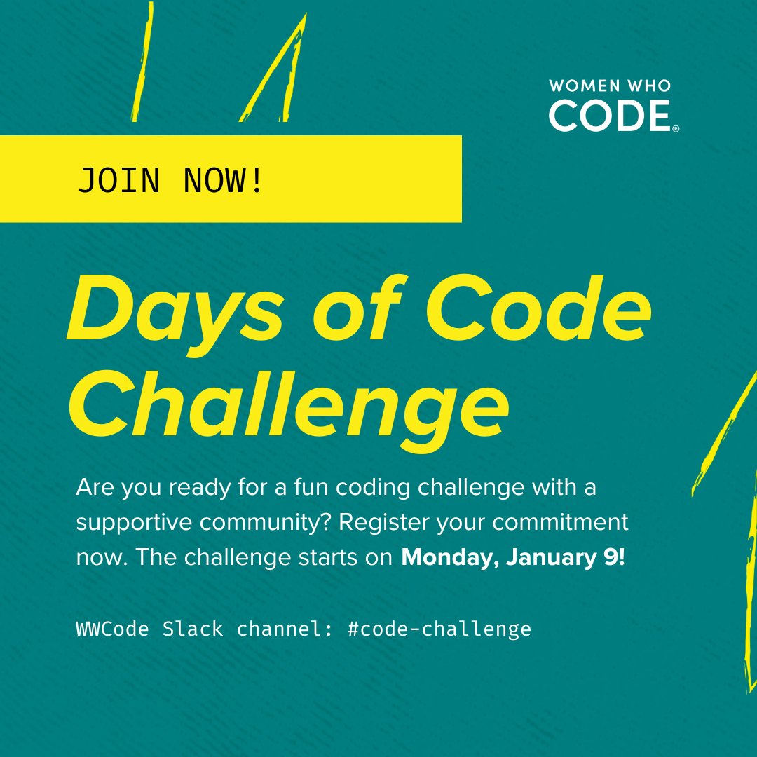 WomenWhoCode's tweet image. Get ready for a fun coding challenge! You can join with @WWCodePython @WWCodeData @WWCodeMobile @WWCodeFrontEnd @WWCodeCloud or @WWCodeBlock starting Monday.
Learn more and sign up womenwhocode.com/days-of-code
#womenintech
#wwcode
#womenwhocode