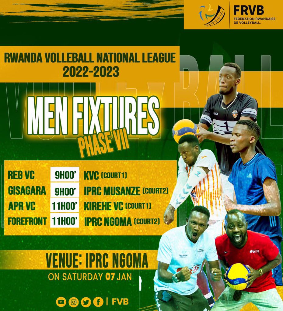 Rw_Volleyball's tweet photo. Hello!! Good afternoon peoples from @RwandaEast, as @IPRC__Ngoma host Rwanda Volleyball national League 2022-2023 #PhaseVII here are the tomorrow’s fixtures.
Venues:👇
-IPRC NGOMA outside courts
-Ngoma Stadium volleyball courts
-GS Kabare outside courts
#FRVBNationalLeague https://t.co/t23d9lQvSP