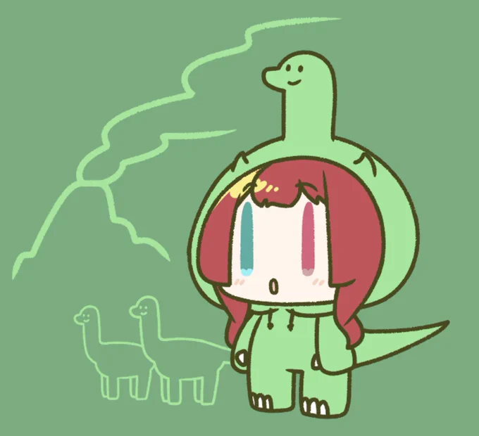 恐竜ロアちゃんロアちゃん恐竜パーティしてる〜?たまに恐竜の格好して恐竜な歌を歌って過ごすと楽しいかもだよロアちゃんガオ〜と恐竜パーティしよ〜ロアちゃんに可愛い恐竜なぬいぐるみとの出会いを今日のご飯肉巻き餅 #ロアート 