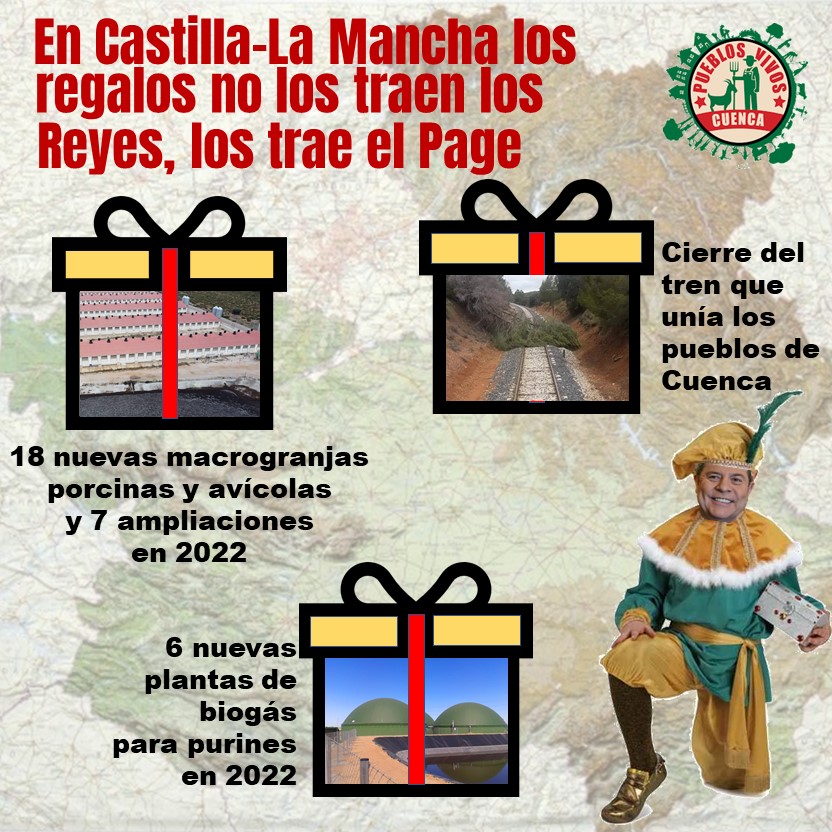 PueblosVivosCU's tweet photo. ‼️¿Sabías que en Castilla-La Mancha los 🎁 no nos los traen los Reyes, los trae el Page?
Este año nos ha echado:
*18 nuevas macrogranjas de 🐖 y🐔y 7 ampliaciones y con moratoria en vigor.
*6 nuevas plantas de biogás para "tratar"💩, dicen.
*Cierre de la línea de 🚂 convencional. https://t.co/e6cS1xmLEC