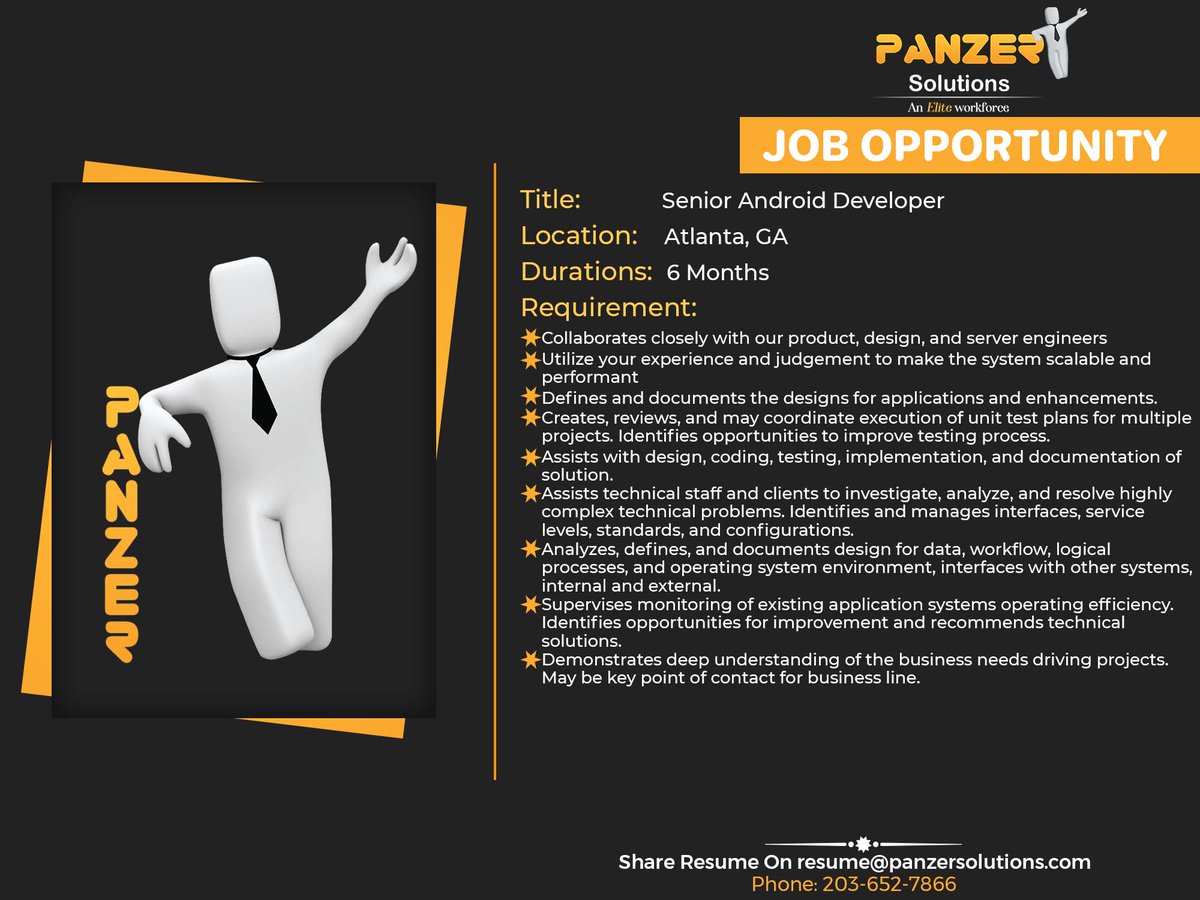 panzersolution's tweet photo. ob Title: Senior Android Developer
Location: Atlanta, GA
Duration: 6 Months
Share resumes at resume@panzersolutions.com
Or for more job requirements click on the below link
Click Here: https://t.co/BNslegB3Lc
#PanzerSolutions #SeniorAndroidDeveloper  #developer #Atlanta #georgia https://t.co/7jOGuNMLgS