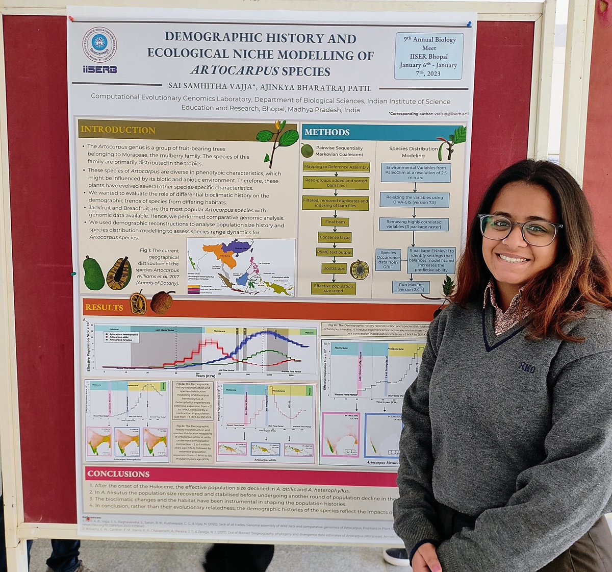 _sai_samhitha_'s tweet photo. Presented my Master's thesis work on; the Demographic history and Ecological Niche Modelling of Artocarpus Species in the 9th Annual Biology Meet (ABM) 2023. 

Am I a nerd if presenting a poster in a conference was on my bucket list? 
Super proud of this work! 😁 https://t.co/X5FOD0w61y