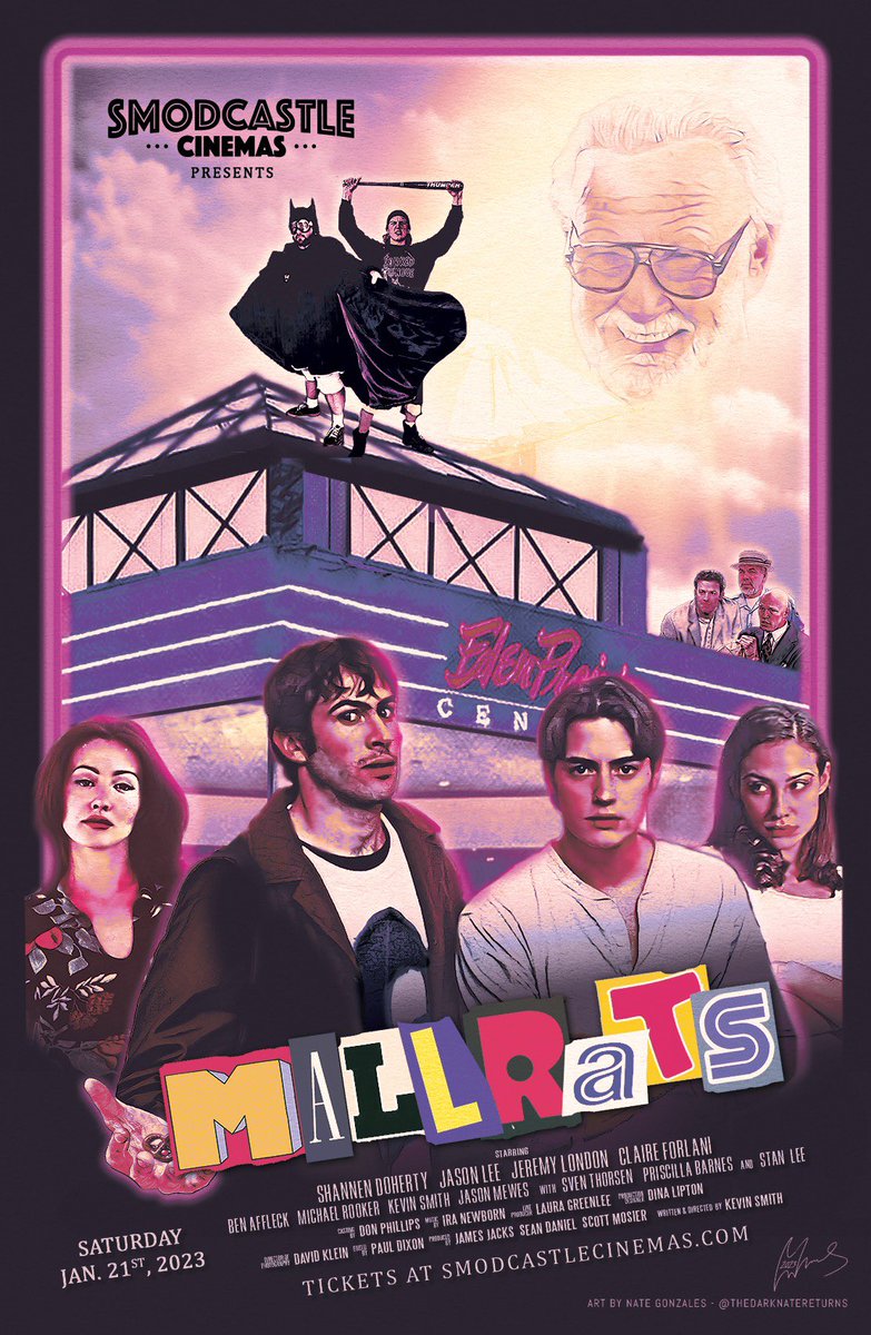 ThatKevinSmith's tweet photo. COME BACK TO THE MALL, Y’ALL! On Friday Jan 20th,
watch 1995’s MALLRATS
with the *actual* Mallrats!
@SmodCinemas is proud to present my 2nd movie, followed by a Q&amp;A afterwards with super special guests
JASON LEE (Brodie) 
and JEREMY LONDON (T.S.)!
Tickets: https://t.co/x52RbPCzbQ https://t.co/GPOPMTHRzJ