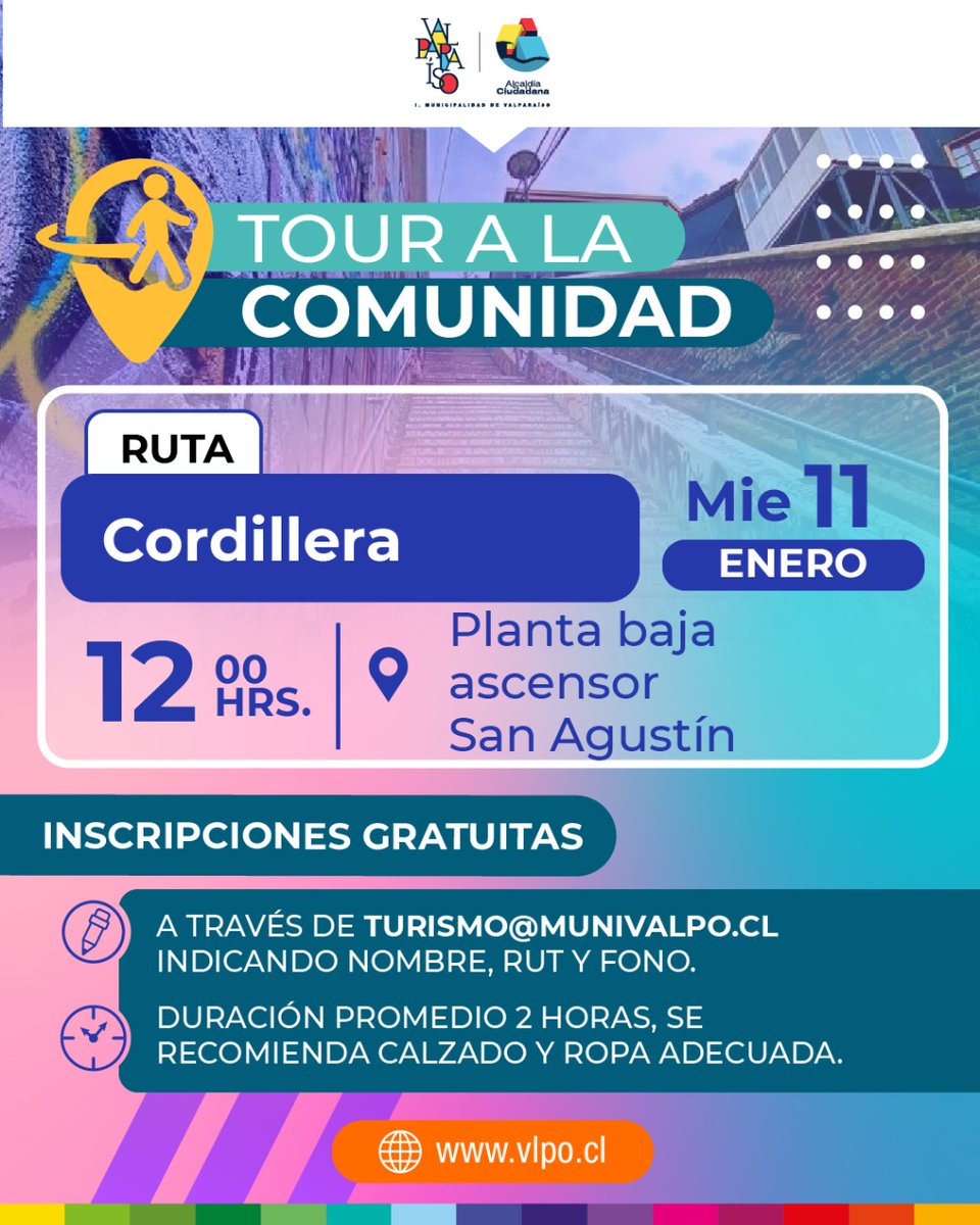 vlpoinfo's tweet photo. ¿Cuándo?🙄
Miércoles 11 de enero a las 12:00 horas.
¿Cómo inscribirse?🤔
📲Envía tus datos (nombre, rut y teléfono) a turismo@munivalpo.cl
🙌¡Conozcamos juntos Valparaíso! 🙌
#ValparaisoTeEsperaSiempre #Turismo #Chile #Vlpo #Valparaiso #CerroCordillera #Valpolovers https://t.co/N9SDpqNfIW