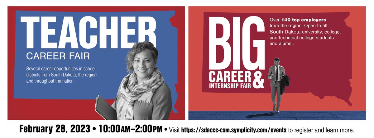 Registration is now open for the South Dakota B.I.G. Career and Internship Fair and Teacher Career Fair!

Tuesday, February 28th, 2023 – 10:00am-2:00pm

Ramkota Hotel and Conference Center – Sioux Falls, SD

Candidates can register online at lnkd.in/ezniKPMH for FREE!