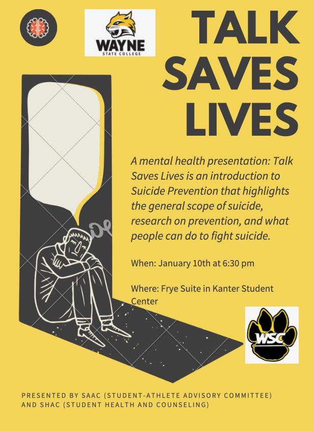 WSCSAAC's tweet photo. Calling all WSC Athletics!:

Tuesday, January 10th @ 6:30 pm in Frye Suite- Kanter Student Center

A mental health presentation is presented by WSC SAAC and WSC SHAC. TALK SAVES LIVES is an introduction to suicide prevention.

This is mandatory. Spread the word, tell your team! https://t.co/5i7Kx1rSa8