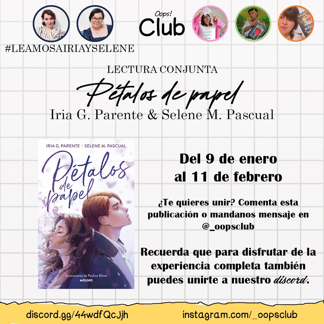 OopsBooksYT's tweet photo. En el #OopsClub vamos a estar leyendo este precioso libro de @iriayselene #PétalosDePapel

¿Te quieres unir? Puedes hacerlo en cualquiera de estas dos plataformas:

Discord: https://t.co/iQOqFeJ8Wu
Instagram: https://t.co/vXONoZhLXz https://t.co/OSh8p8fpJv