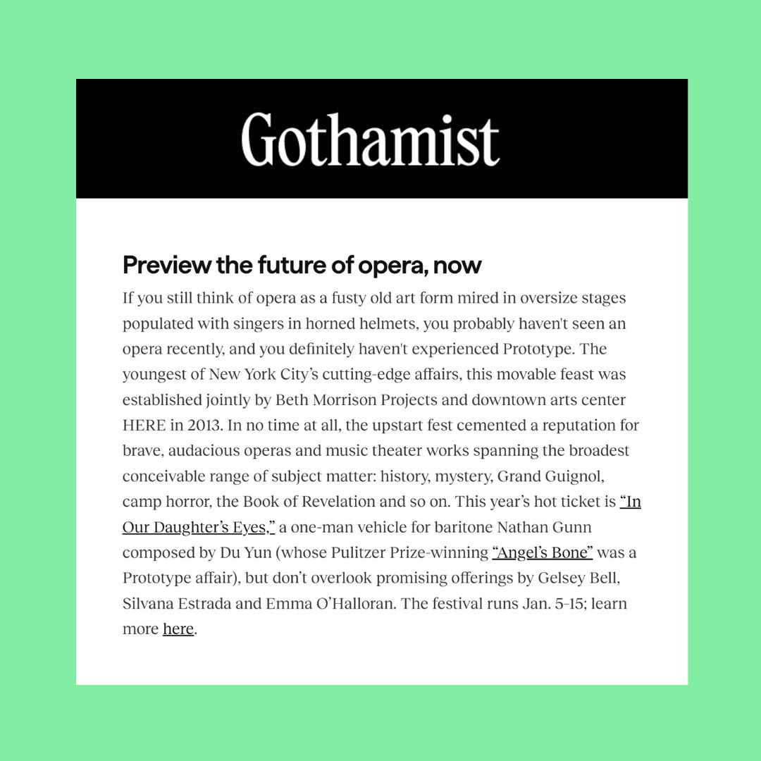 "The leading creator of new opera and musical theater" (TIMEOUT) -- PROTOTYPE is off to an incredible start! Check out these quotes from TIMEOUT and GOTHAMIST, and book your tickets now at the link in our bio!