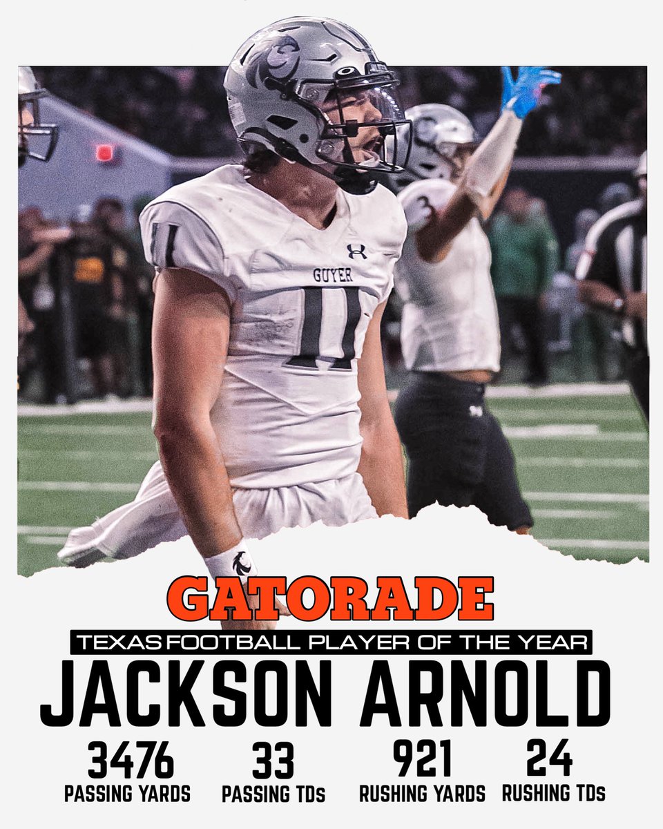 Denton Guyer Football (@dentonguyer_fb) on Twitter photo 𝗚𝗔𝗧𝗢𝗥𝗔𝗗𝗘 𝗣𝗟𝗔𝗬𝗘𝗥 𝗢𝗙 𝗧𝗛𝗘 𝗬𝗘𝗔𝗥
Congrats to <a href="/_JacksonArnold_/">Jackson Arnold</a> on being selected Gatorade Player of the Year for the state of Texas!
Press Release: bit.ly/3QpwmmO
#Southside | #OUDNA 𝗚𝗔𝗧𝗢𝗥𝗔𝗗𝗘 𝗣𝗟𝗔𝗬𝗘𝗥 𝗢𝗙 𝗧𝗛𝗘 𝗬𝗘𝗔𝗥
Congrats to <a href="/_JacksonArnold_/">Jackson Arnold</a> on being selected Gatorade Player of the Year for the state of Texas!
Press Release: bit.ly/3QpwmmO
#Southside | #OUDNA