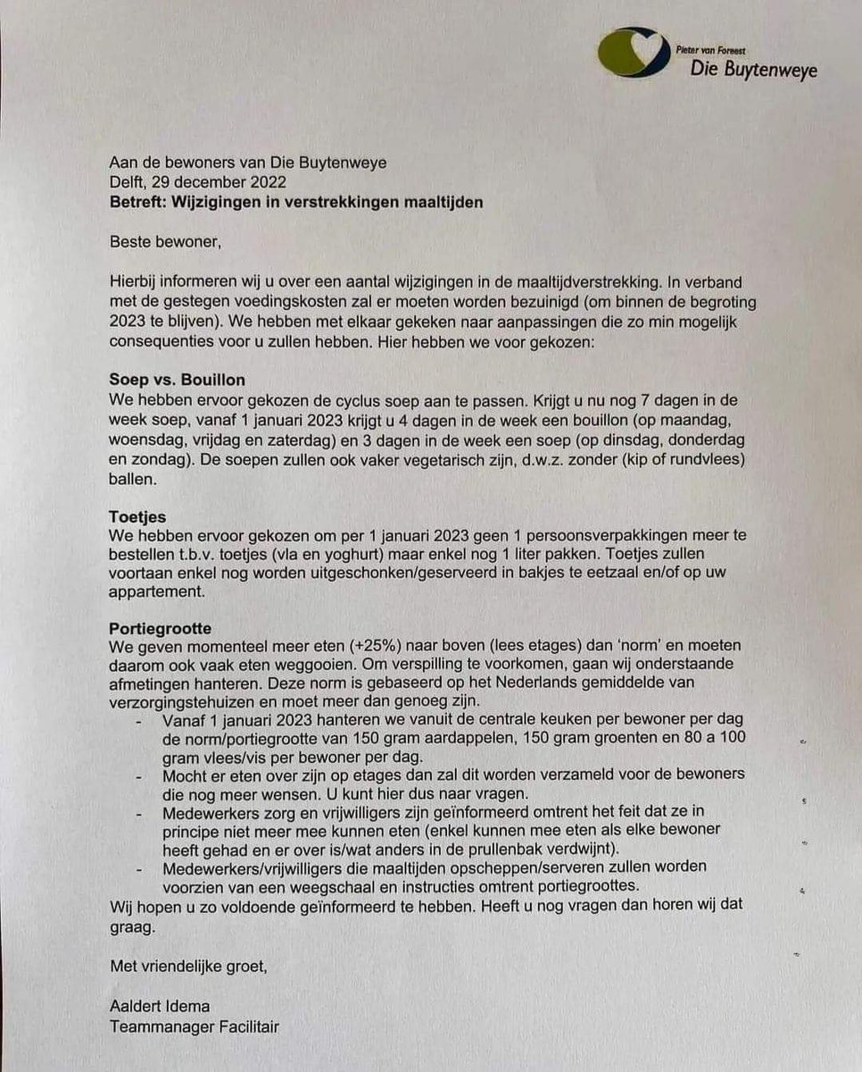 “Medewerkers/vrijwilligers die maaltijden opscheppen/serveren zullen worden voorzien van een weegschaal en instructies omtrent portiegroottes.”

HET IS GODGEKLAAGD 😡😡