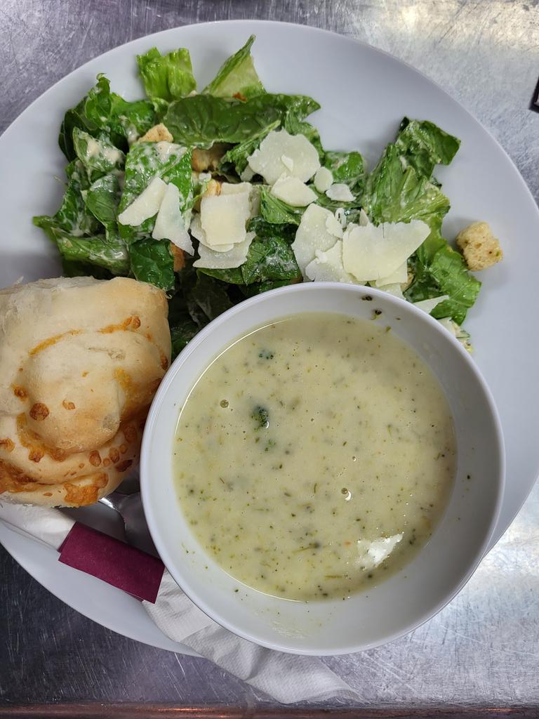 Cream of Broccoli Cauliflower Soup w/Salad &amp; a homemade Cheese Bun. Ham &amp; Cheddar on Grain Bread w/Soup. #lunchfeature #Friday #medhat