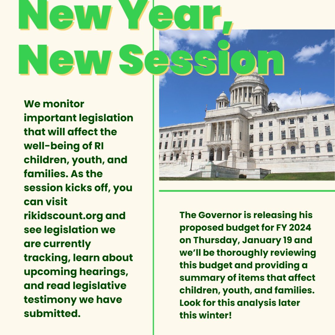 New Year = new session! Stay up to date on happenings at the State House &amp; learn how you can advocate for the issues you care about by connecting w us on social. 

We know you're connected w us here on twitter (hey hi!) -- but we're also on FB &amp; IG too. We're @ RIKIDSCOUNT there.